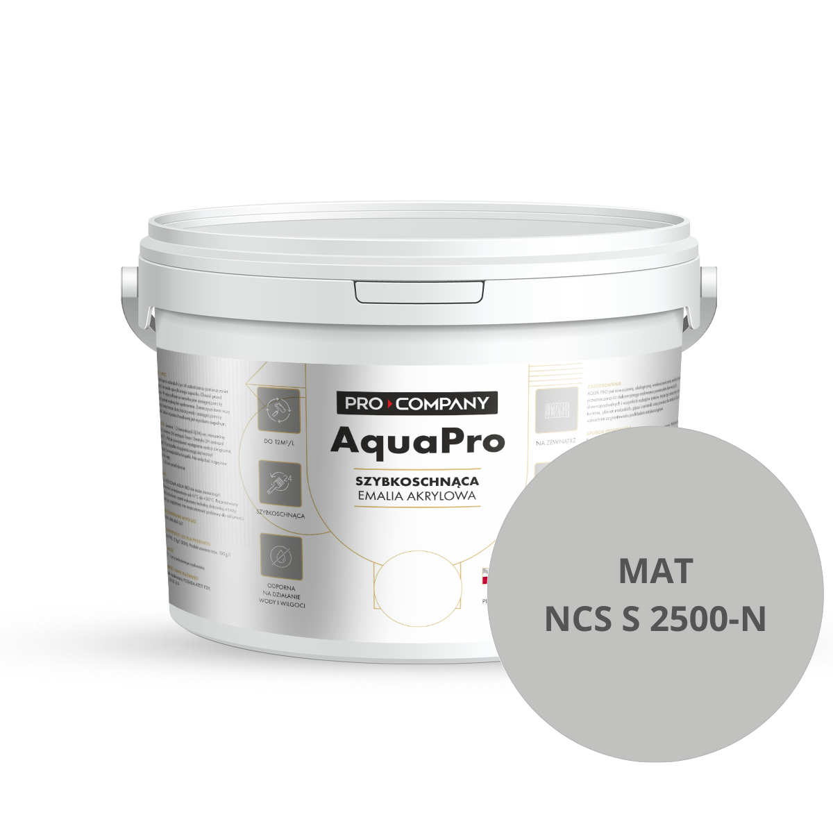 Szybkoschnąca uniwersalna emalia akrylowa Aqua Pro Średnio Ciemny Szary MAT NCS S 2500-N 3L