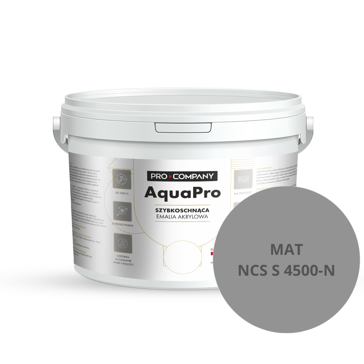 Szybkoschnąca uniwersalna emalia akrylowa Aqua Pro Bardzo Ciemny Szary MAT NCS S 4500-N 3L