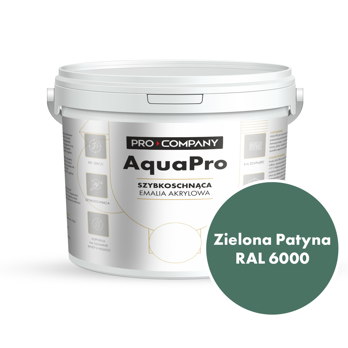 Szybkoschnąca uniwersalna emalia akrylowa Aqua Pro Zielona Patyna RAL 6000 9L