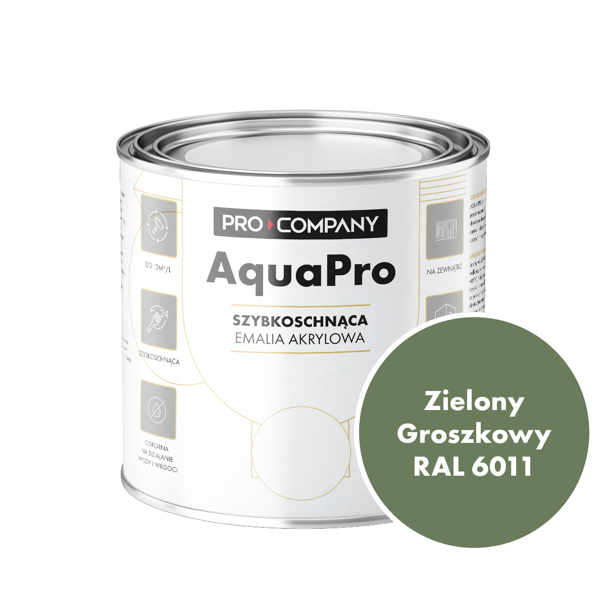 Szybkoschnąca uniwersalna emalia akrylowa Aqua Pro Zielony Groszkowy RAL 6011 0,7L