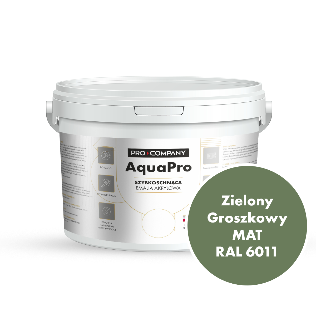 Szybkoschnąca uniwersalna emalia akrylowa Aqua Pro Zielony Groszkowy MAT RAL 6011 2,7L