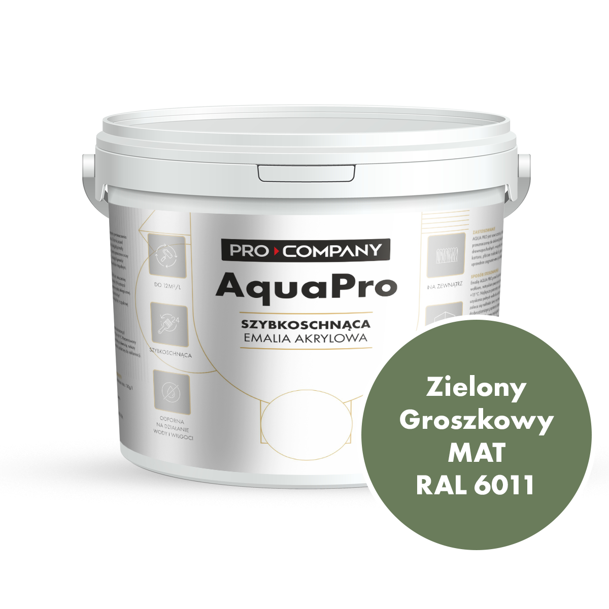 Szybkoschnąca uniwersalna emalia akrylowa Aqua Pro Zielony Groszkowy MAT RAL 6011 9L