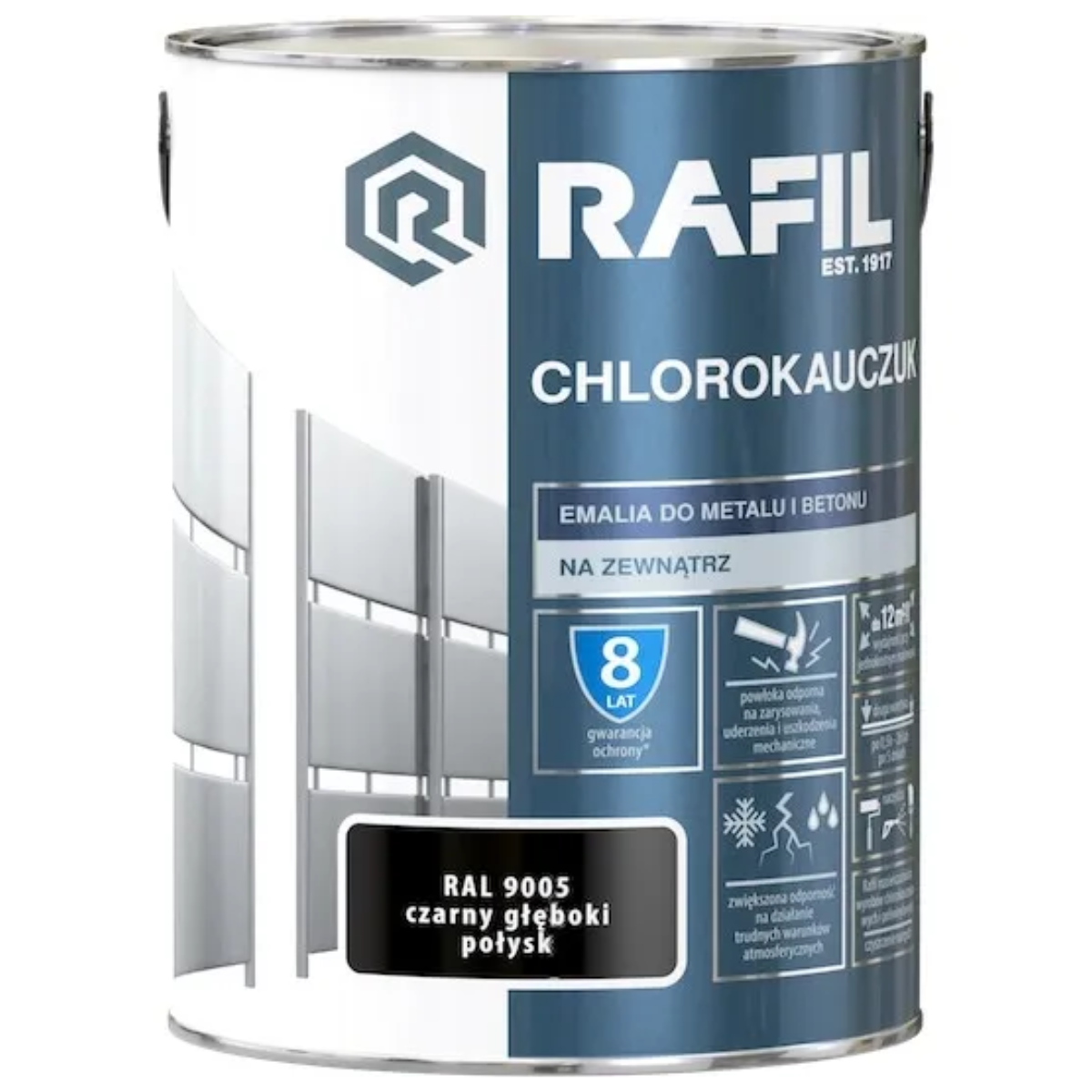 RAFIL Chlorokauczuk emalia do metalu i betonu czarny głęboki połysk RAL 9005 5L