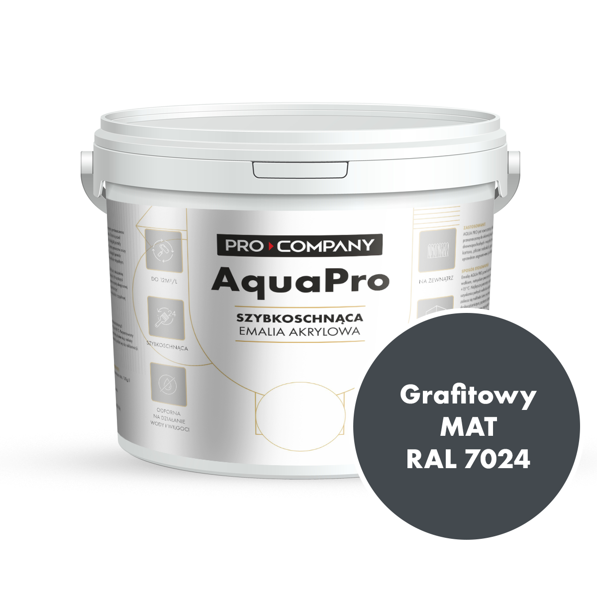Szybkoschnąca uniwersalna emalia akrylowa Aqua Pro Grafitowy MAT RAL 7024 9L