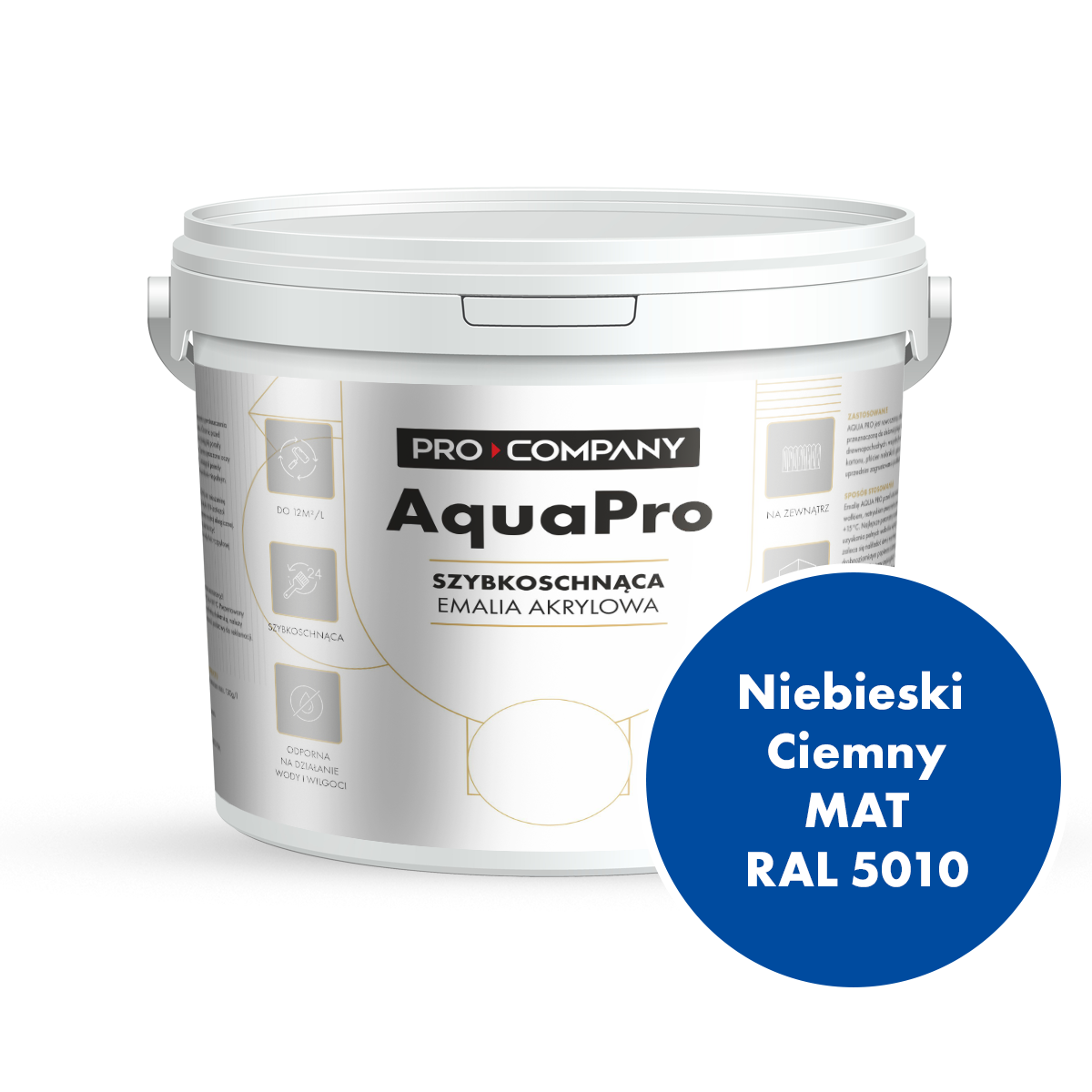 Szybkoschnąca uniwersalna emalia akrylowa Aqua Pro Niebieski Ciemny MAT RAL 5010 4,5L