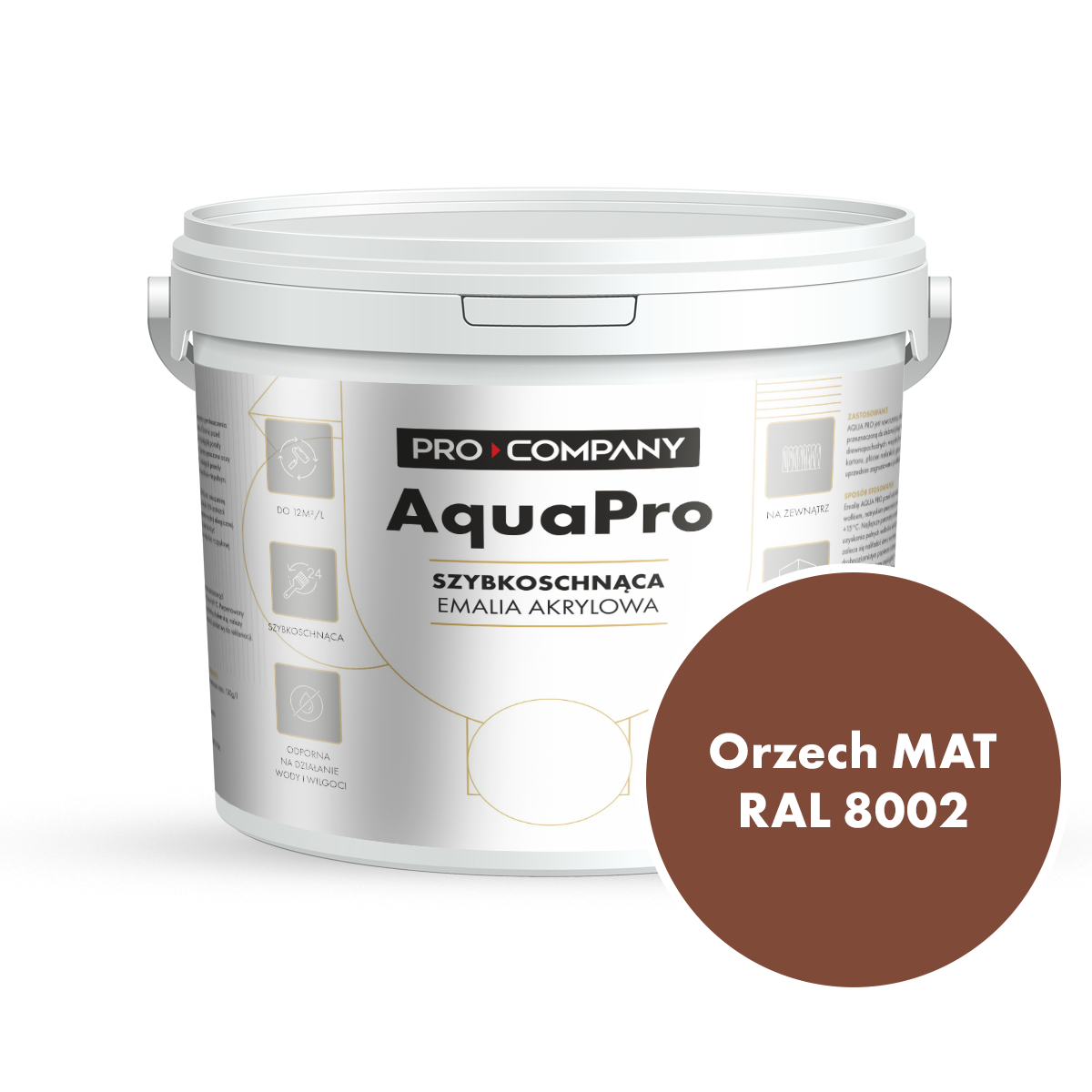 Szybkoschnąca uniwersalna emalia akrylowa Aqua Pro Orzech MAT RAL 8002 4,5L