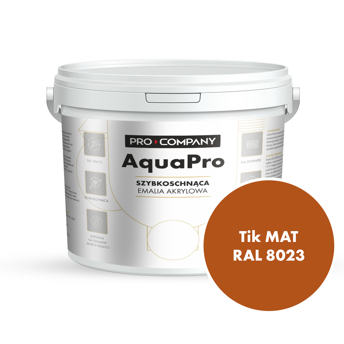 Szybkoschnąca uniwersalna emalia akrylowa Aqua Pro Tik MAT RAL 8023 9L