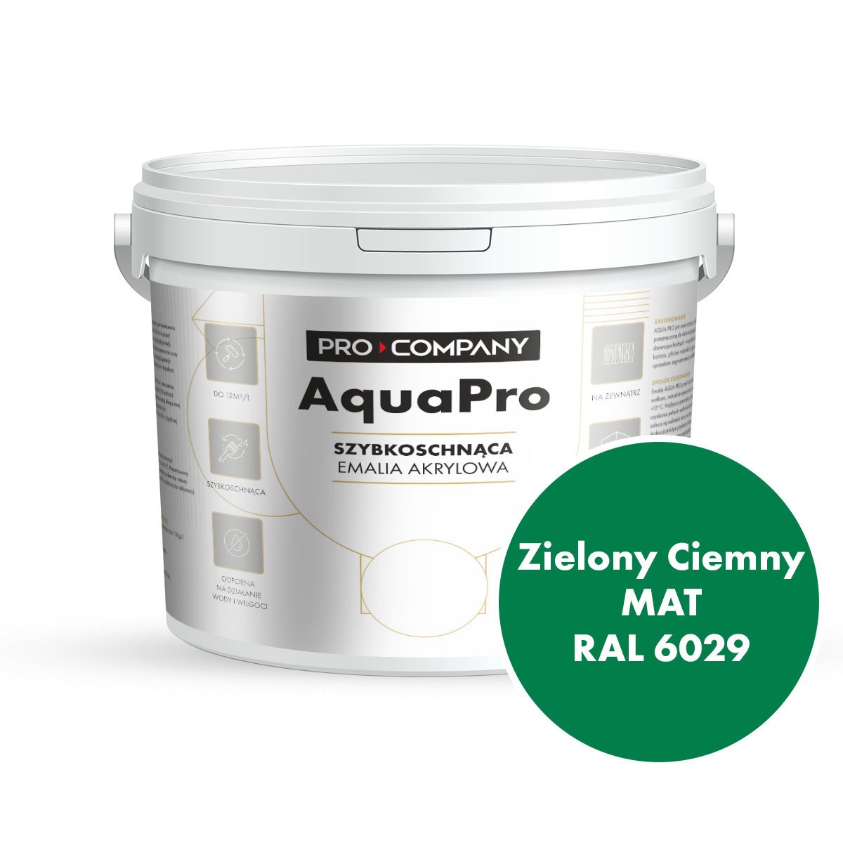 Szybkoschnąca uniwersalna emalia akrylowa Aqua Pro Zielony Ciemny MAT RAL 6029 9L