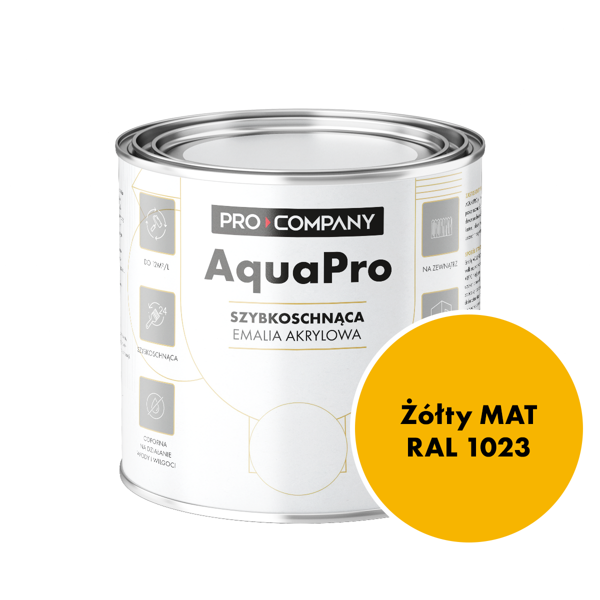 Szybkoschnąca uniwersalna emalia akrylowa Aqua Pro Żółty MAT RAL 1023 0,7L