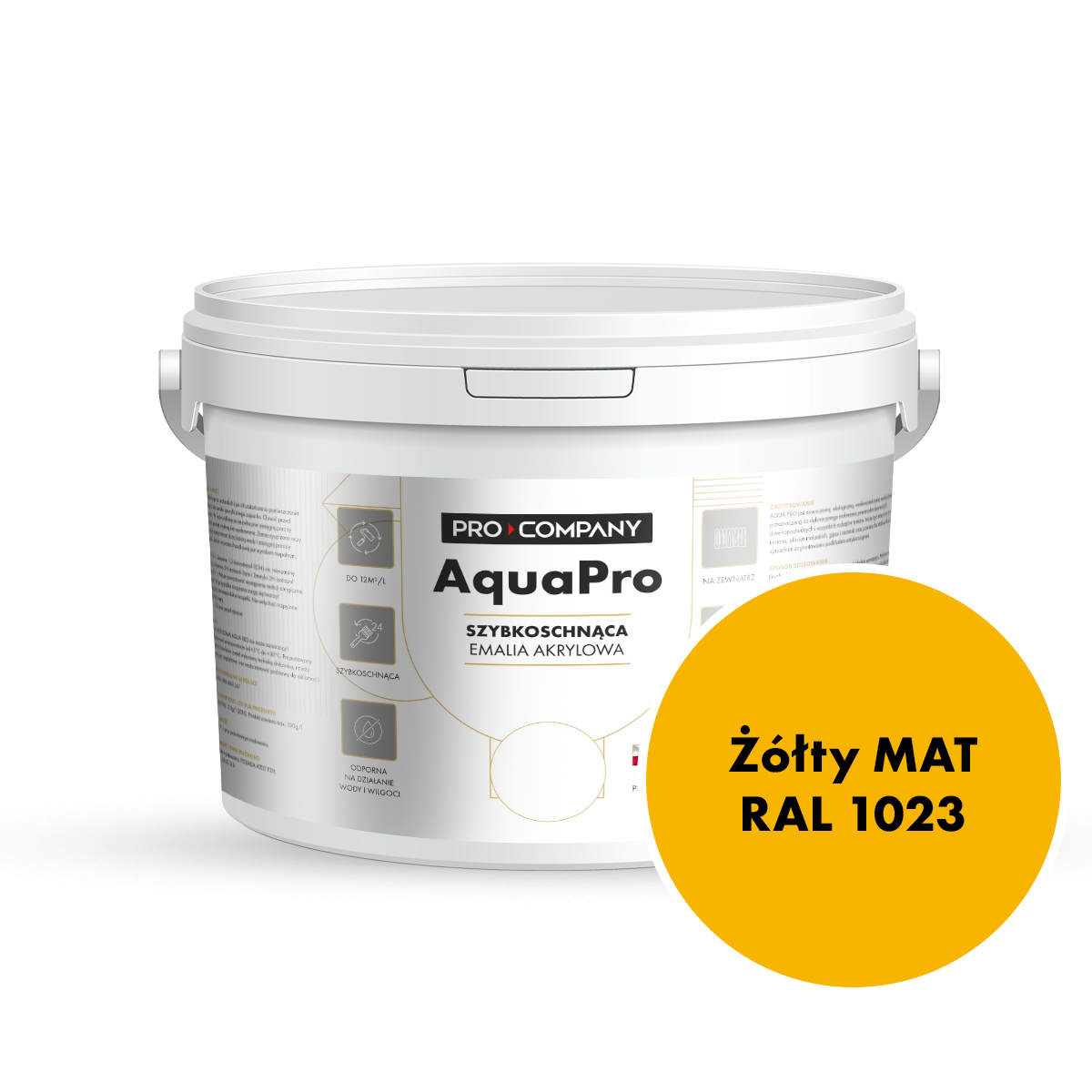 Szybkoschnąca uniwersalna emalia akrylowa Aqua Pro Żółty MAT RAL 1023 2,7L