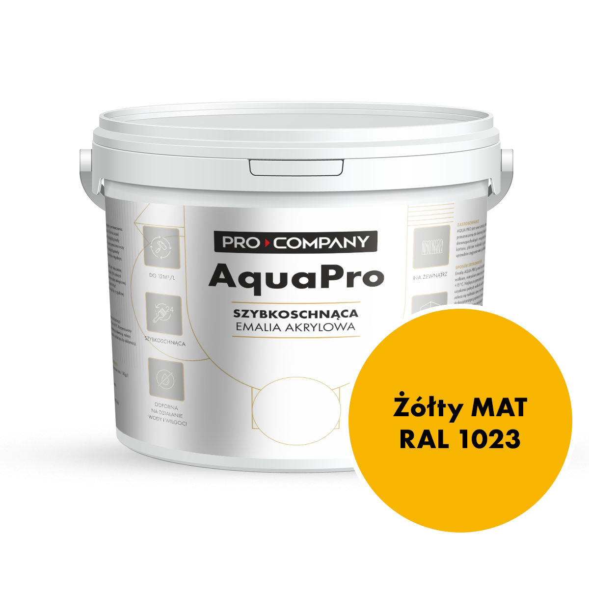 Szybkoschnąca uniwersalna emalia akrylowa Aqua Pro Żółty MAT RAL 1023 9L