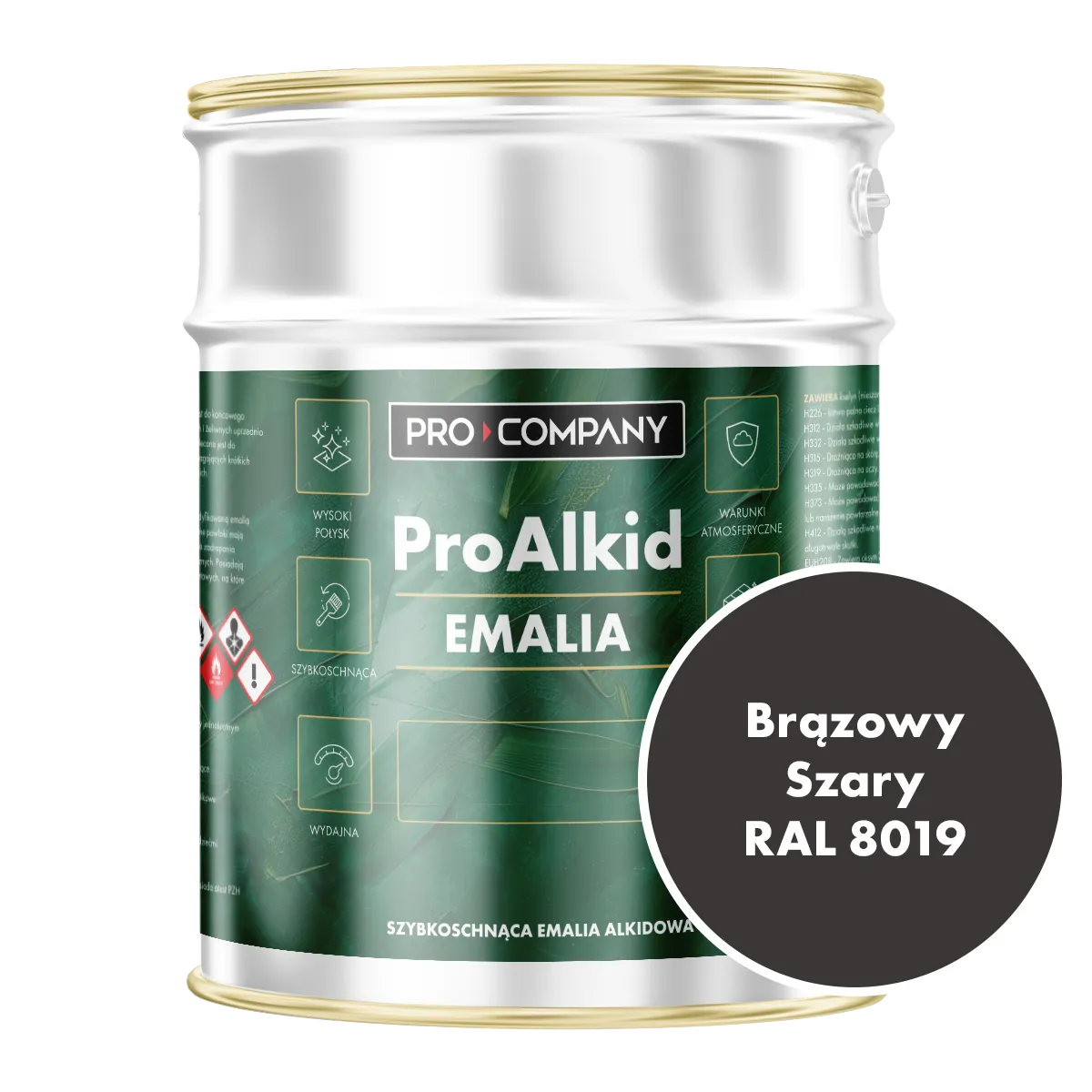 Szybkoschnąca emalia alkidowa do metalu Pro Alkid Brązowy Szary RAL 8019 4,5L