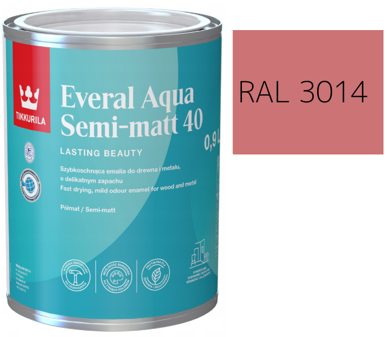 TIKKURILA Everal Aqua Semi Matt [40] 0,9l KOLOR RÓŻOWY CIEMNY RAL 3014