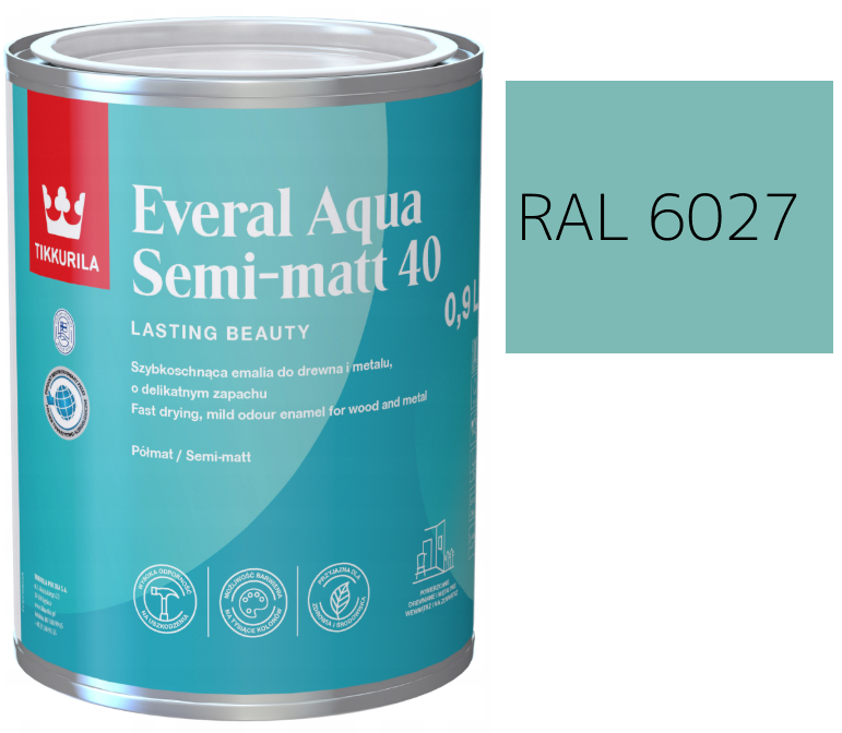 TIKKURILA Everal Aqua Semi Matt [40] 0,9l KOLOR JASNO ZIELONY RAL 6027