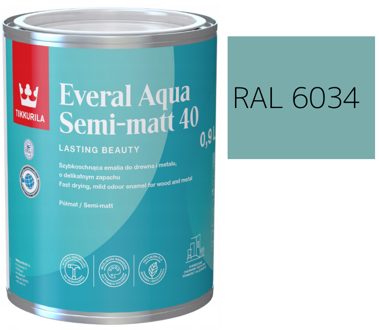TIKKURILA Everal Aqua Semi Matt [40] 0,9l KOLOR TURKUS PASTELOWY RAL 6034