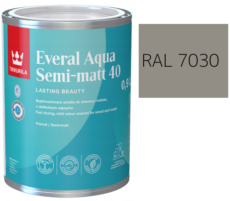 TIKKURILA Everal Aqua Semi Matt [40] 0,9l KOLOR SZARY KAMIENNY RAL 7030
