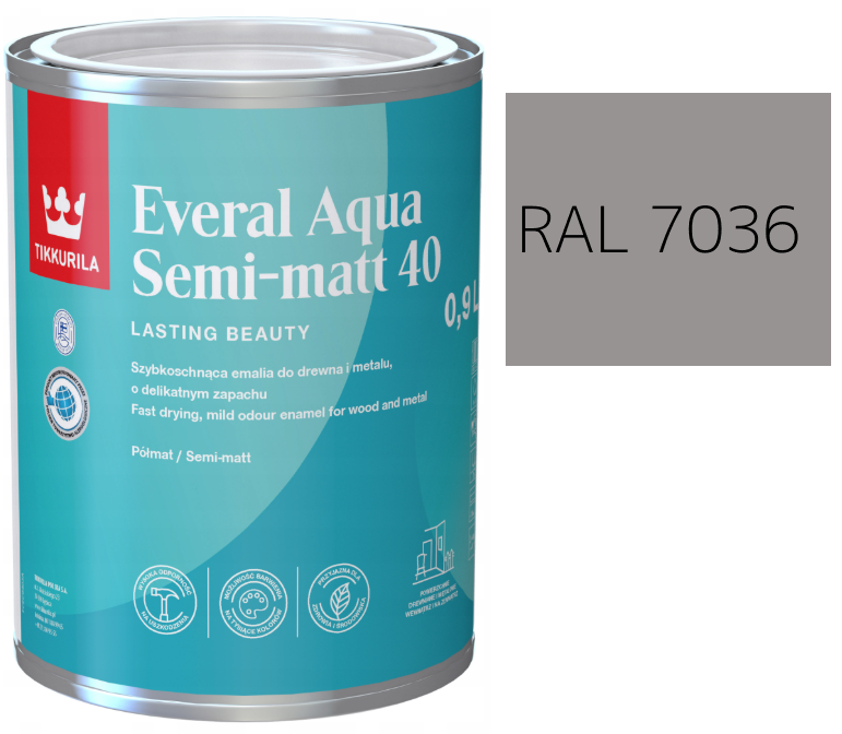 TIKKURILA Everal Aqua Semi Matt [40] 0,9l KOLOR SZARY PLATYNOWY RAL 7036