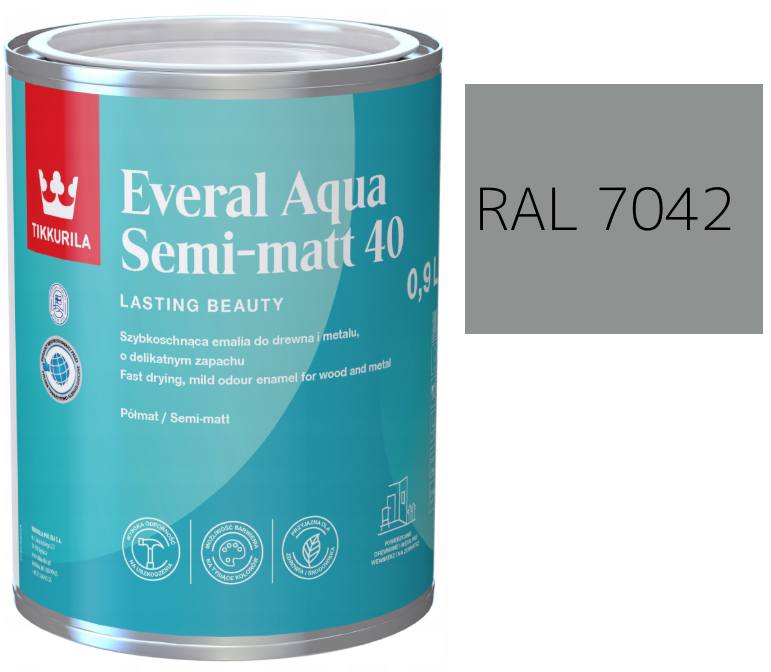 TIKKURILA Everal Aqua Semi Matt [40] 0,9l KOLOR SZARY DROGOWY RAL 7042