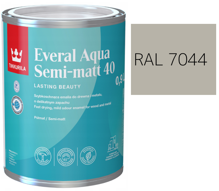 TIKKURILA Everal Aqua Semi Matt [40] 0,9l KOLOR SZARY JEDWABISTY RAL 7044