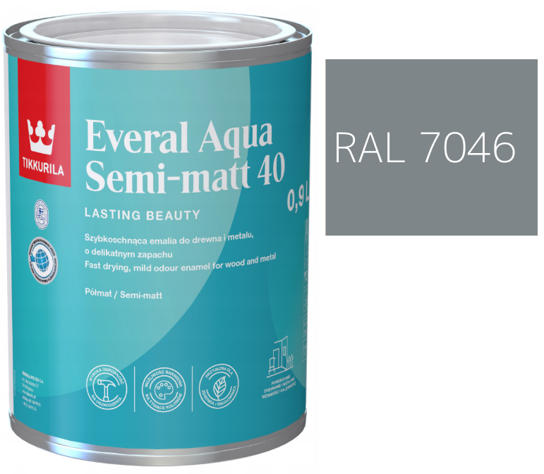 TIKKURILA Everal Aqua Semi Matt [40] 0,9l KOLOR SZARY JASNY RAL 7046