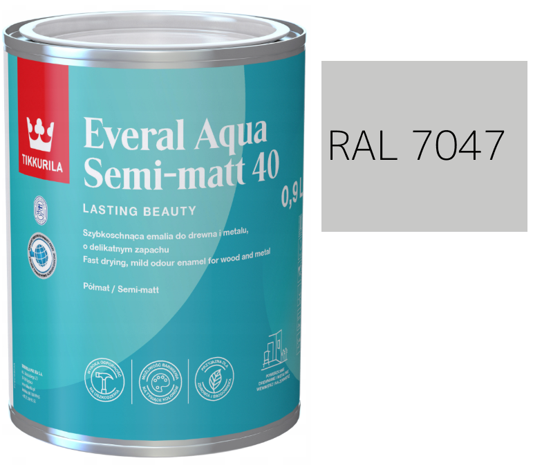 TIKKURILA Everal Aqua Semi Matt [40] 0,9l KOLOR POPIELATY JASNY RAL 7047