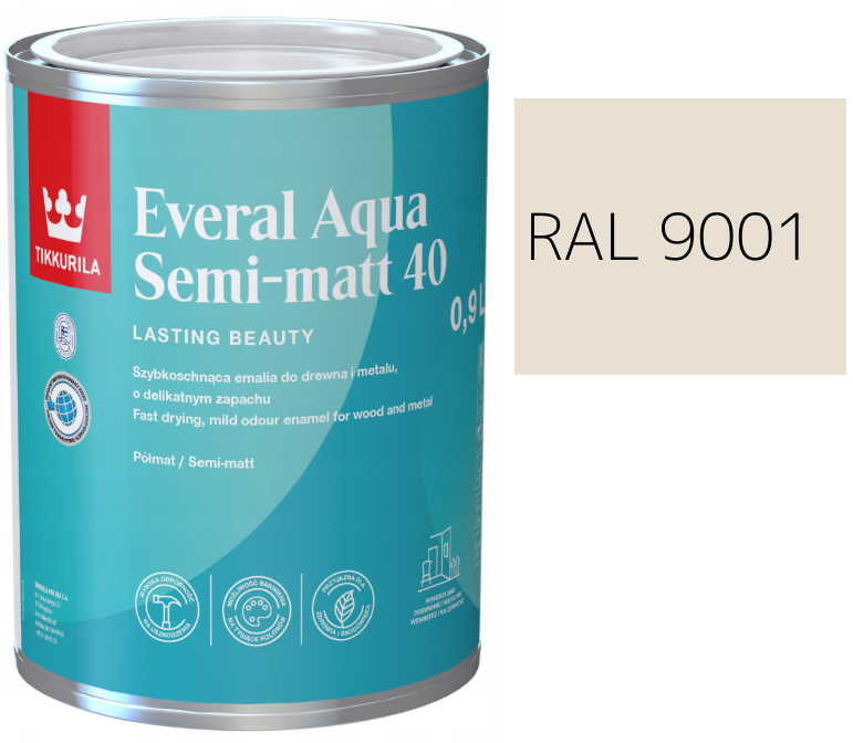 TIKKURILA Everal Aqua Semi Matt [40] 0,9l KOLOR KREMOWY RAL 9001