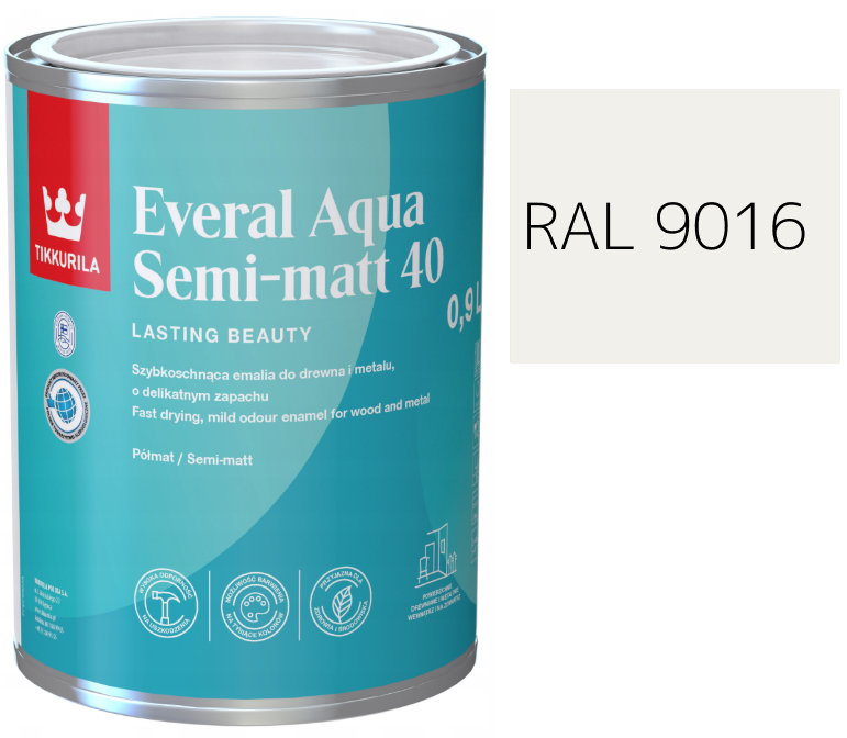 TIKKURILA Everal Aqua Semi Matt [40] 0,9l KOLOR BIAŁY DROGOWY RAL 9016