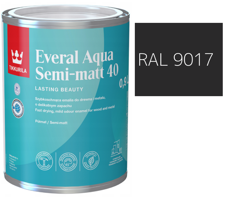 TIKKURILA Everal Aqua Semi Matt [40] 0,9l KOLOR CZARNY ASFALTOWY RAL 9017
