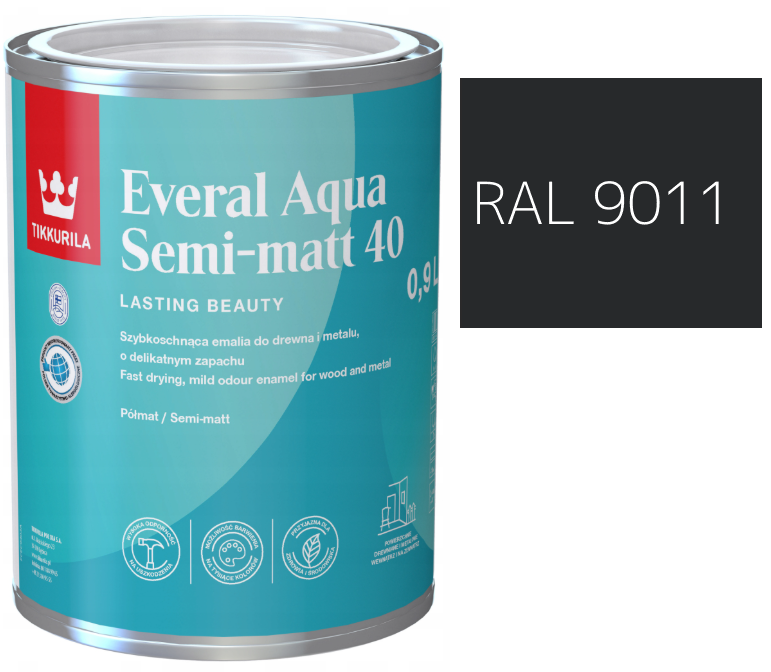TIKKURILA Everal Aqua Semi Matt [40] 0,9l KOLOR CZARNY GRAFITOWY RAL 9011