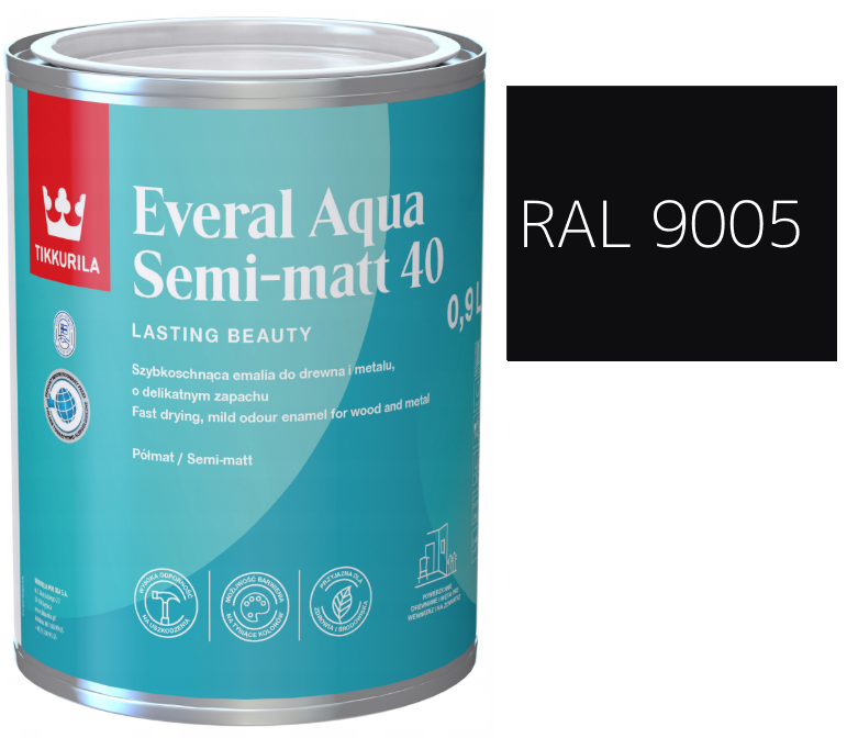 TIKKURILA Everal Aqua Semi Matt [40] 0,9l KOLOR CZARNY RAL 9005
