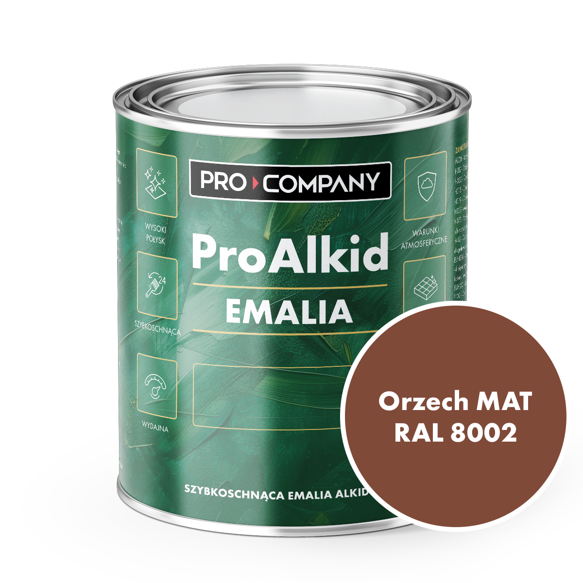 Szybkoschnąca emalia alkidowa do metalu Pro Alkid Orzech Średni MAT RAL 8002 0,9L