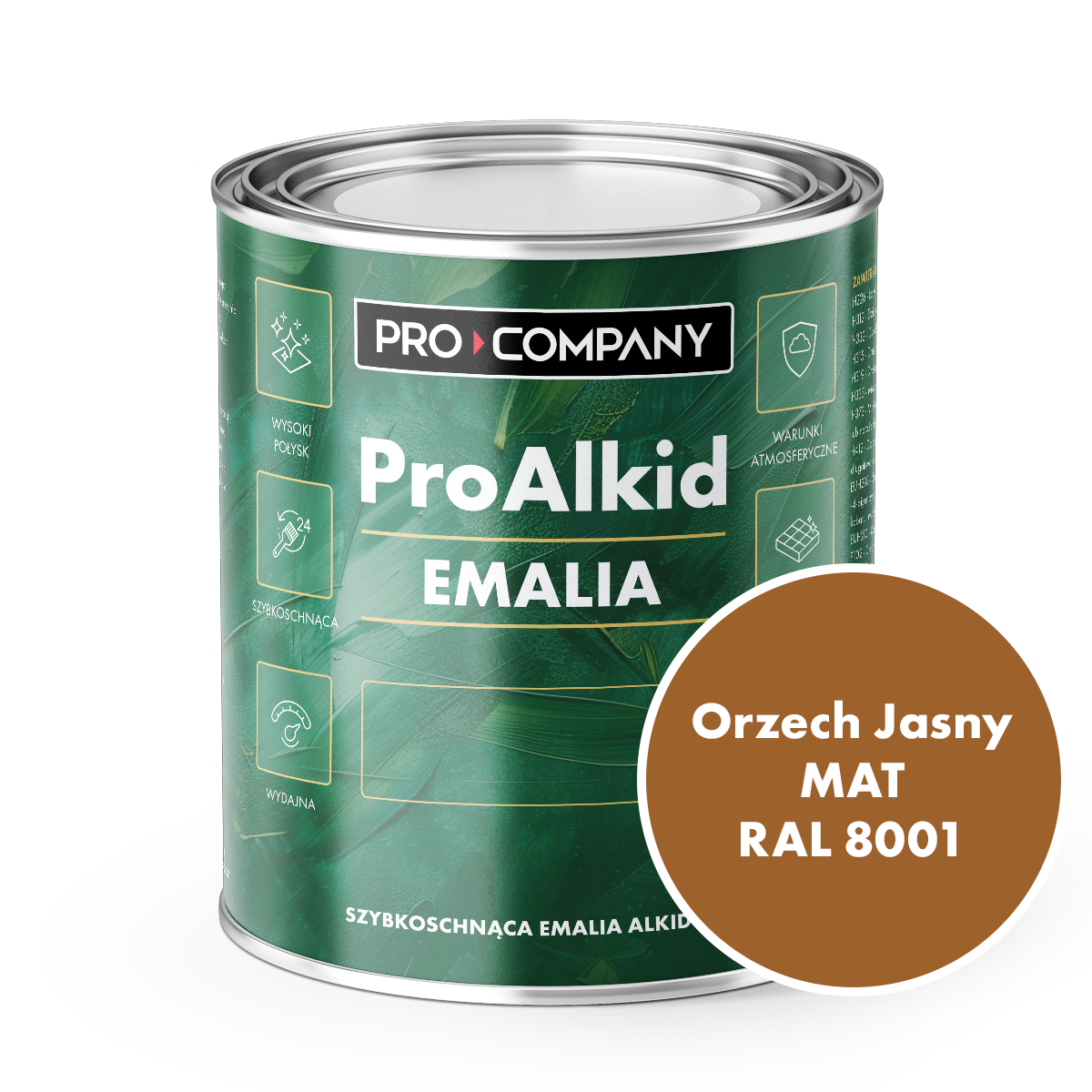 Szybkoschnąca emalia alkidowa do metalu Pro Alkid Orzech Jasny MAT RAL 8001 0,9L