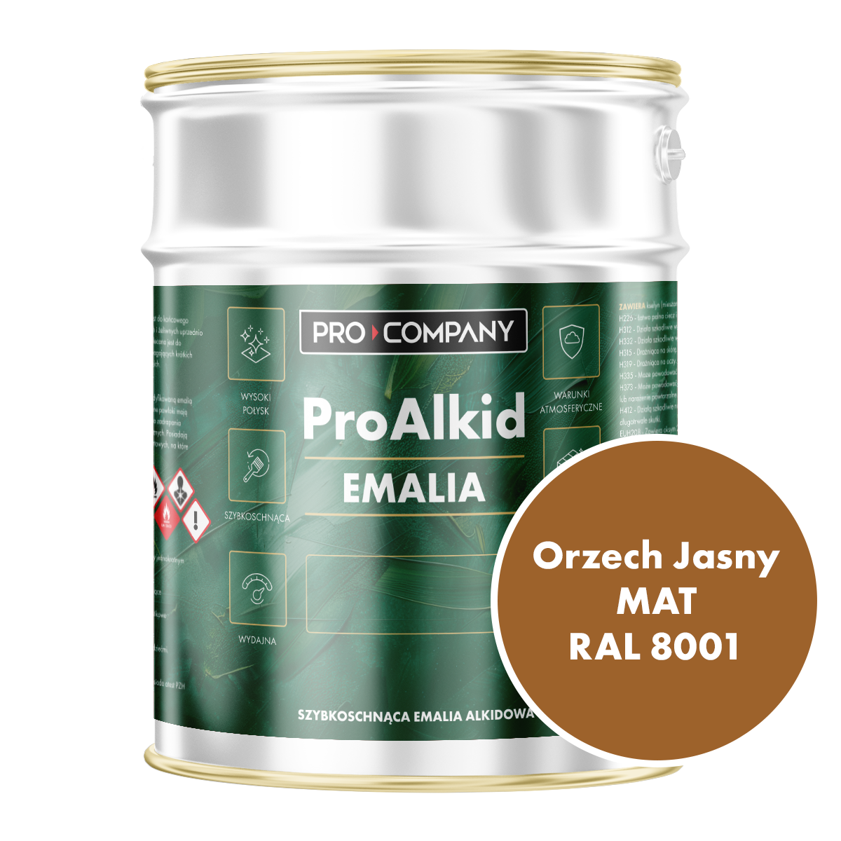 Szybkoschnąca emalia alkidowa do metalu Pro Alkid Orzech Jasny MAT RAL 8001 4,5L