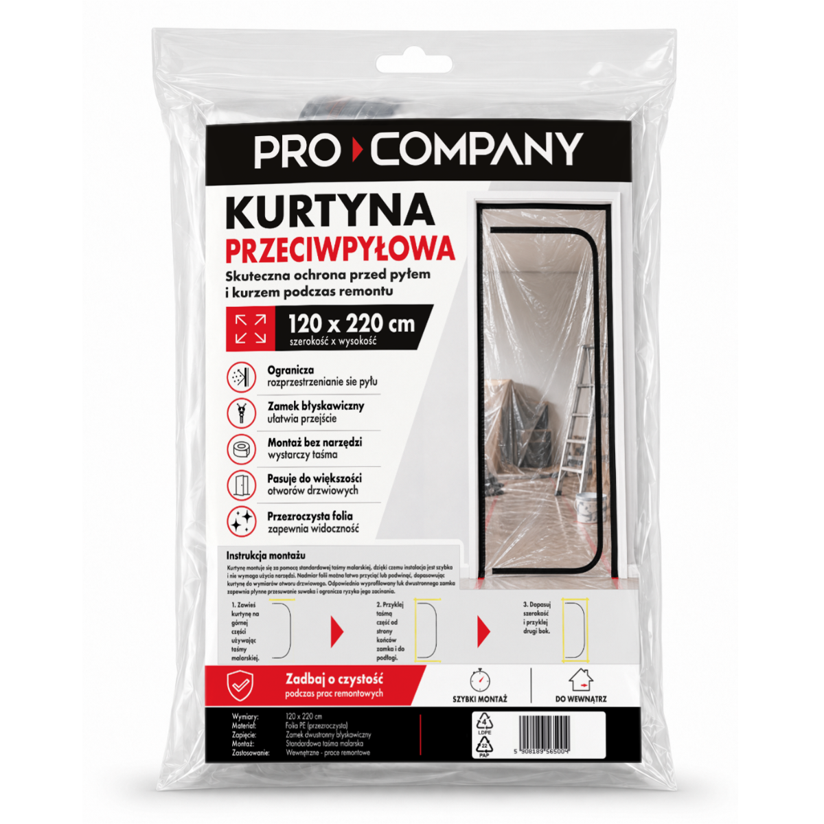 PRO COMPANY Kurtyna przeciwpyłowa z zamkiem błyskawicznym 120x220cm