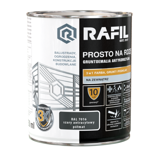Farba z gruntem 3w1 RAFIL Prosto na Rdzę szary antracytowy RAL 7016 półmat 0,75l