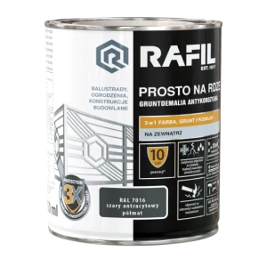 Farba z gruntem 3w1 RAFIL Prosto na Rdzę szary antracytowy RAL 7016 półmat 0,75l