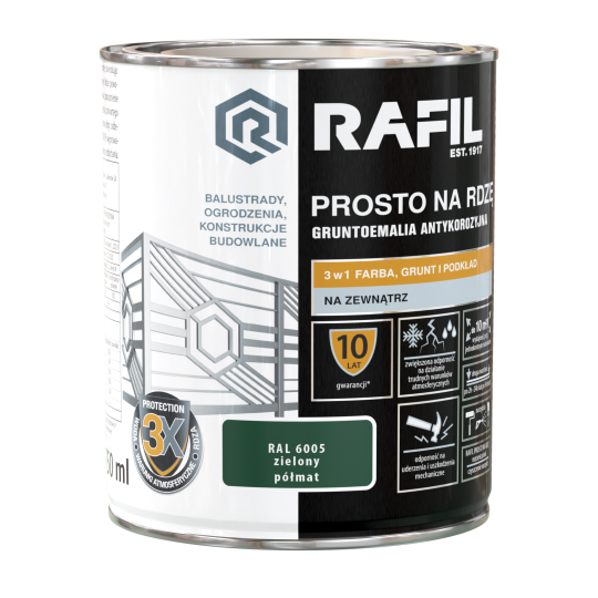Farba z gruntem 3w1 RAFIL Prosto na Rdzę zielony RAL 6005 półmat 0,75l
