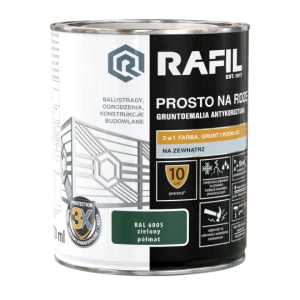 Farba z gruntem 3w1 RAFIL Prosto na Rdzę zielony RAL 6005 półmat 0,75l
